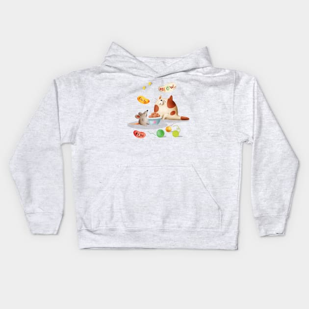 Cat sharing foods with mouse Kids Hoodie by Athikan